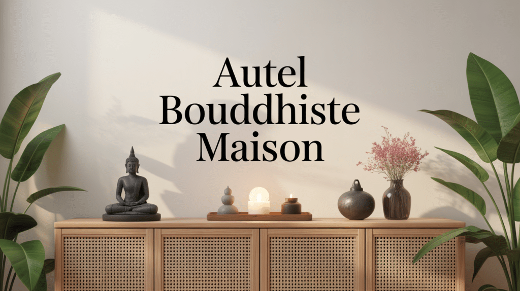 Autel bouddhiste maison avec ambiance épurée et objets traditionnels