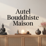 Autel bouddhiste maison avec ambiance épurée et objets traditionnels