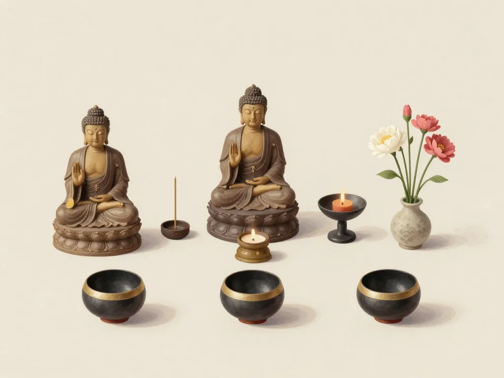 Vue des objets essentiels autel bouddhiste maison et leur disposition