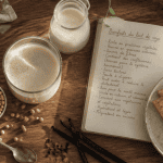 bienfaits du lait de soja sur un plateau avec verre et graines