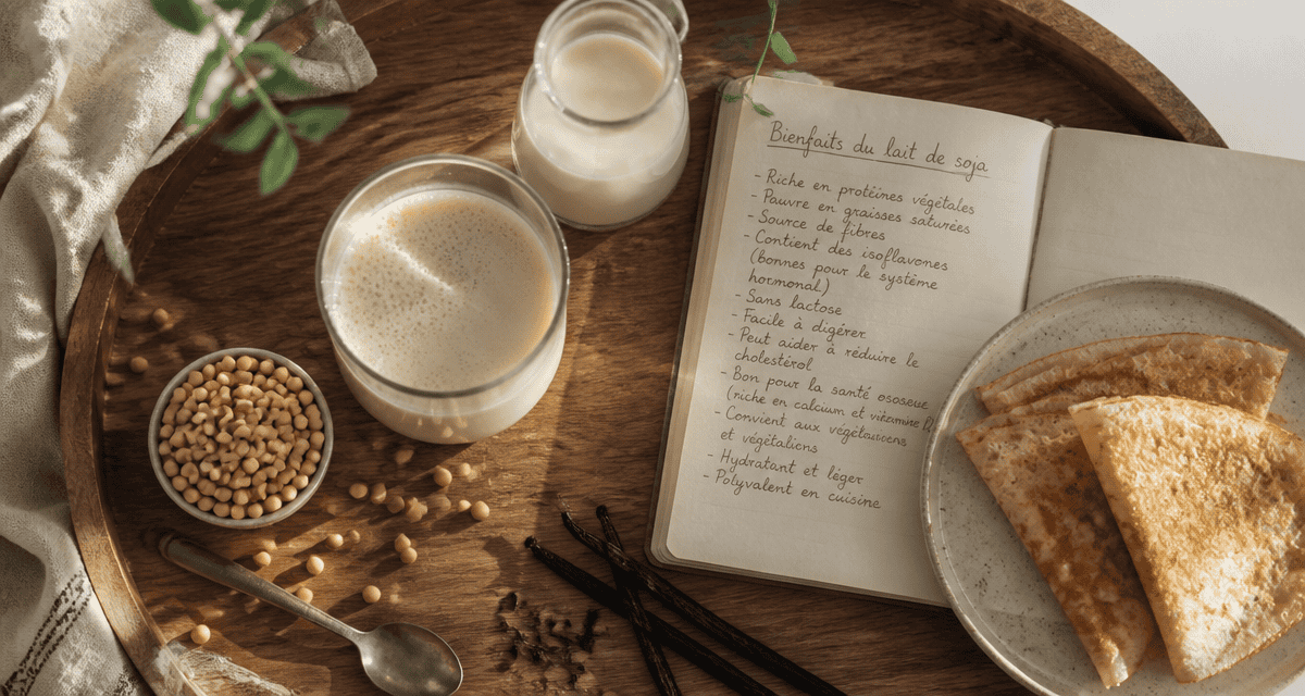 bienfaits du lait de soja sur un plateau avec verre et graines