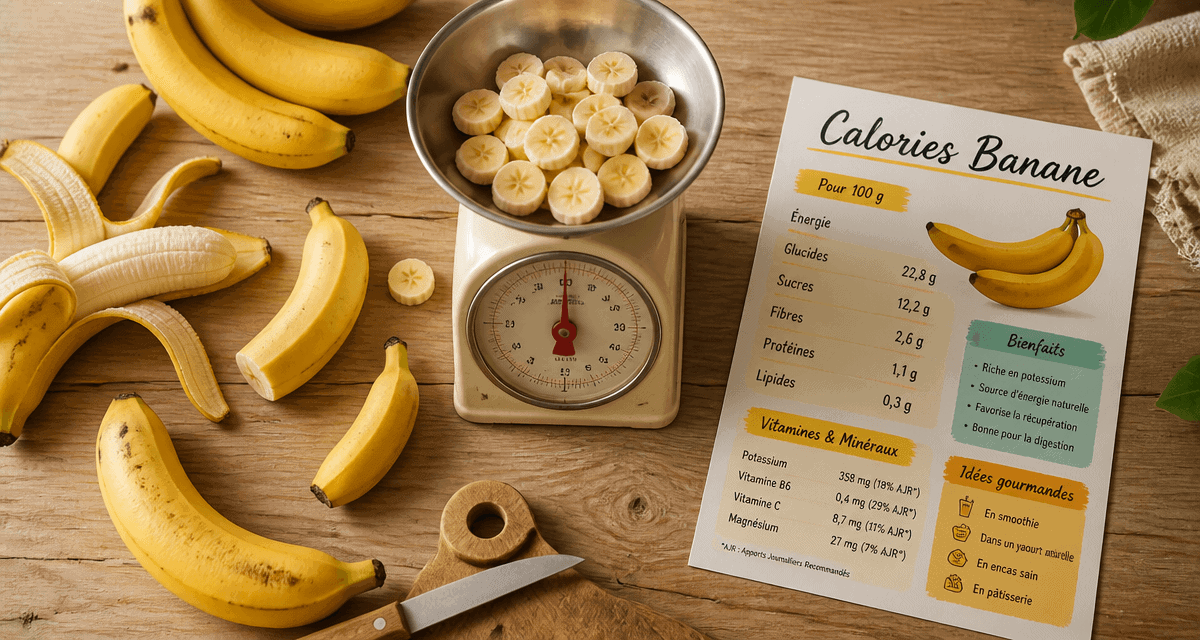 calorie 1 banane sans peau sur balance avec fiche nutrition