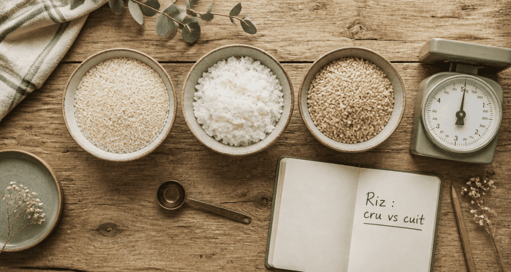 calories dans le riz cru et cuit sur une table