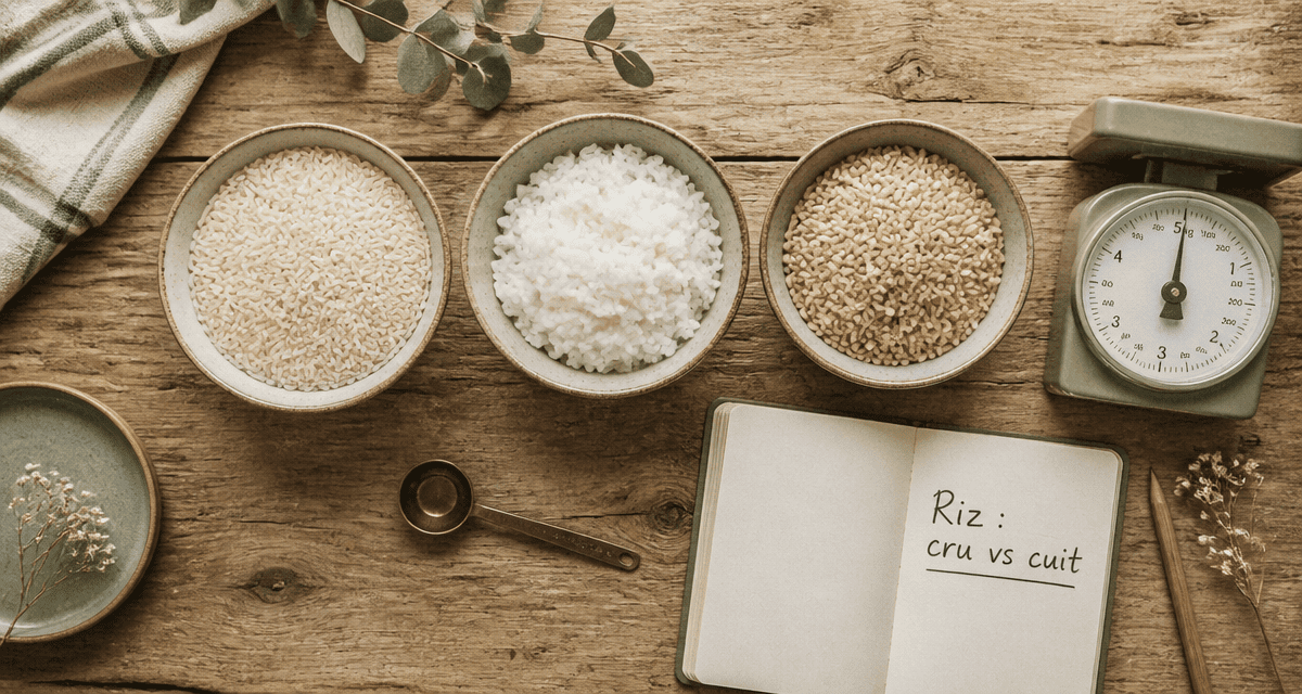 calories dans le riz cru et cuit sur une table