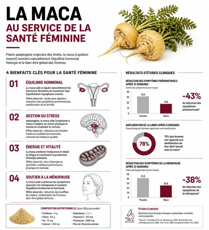 Infographie des bienfaits de la maca pour la santé et l'équilibre hormonal féminin