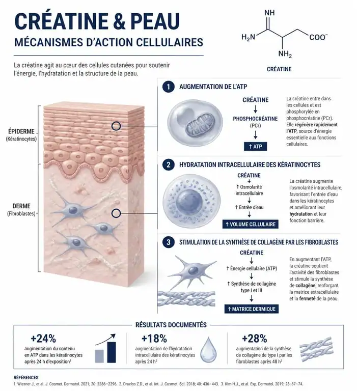 Schéma des effets de la créatine sur la peau : hydratation et collagène