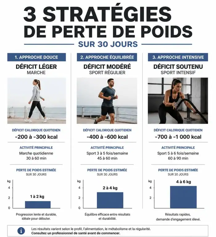 Infographie comparative des stratégies pour perdre du poids en 1 mois selon l'intensité