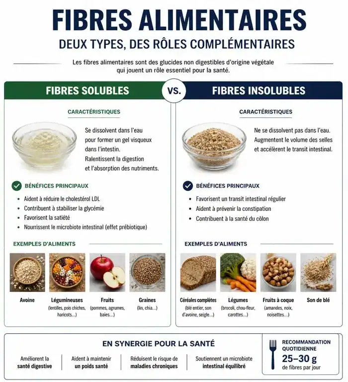 Infographie sur les bienfaits des aliments avec des fibres et différence entre fibres solubles et insolubles