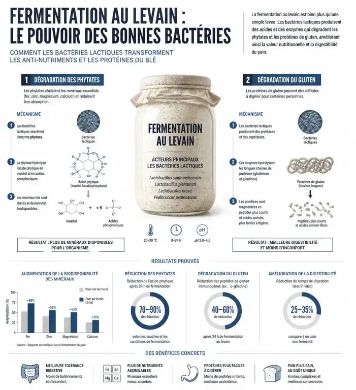 Infographie scientifique sur les bienfaits du pain au levain et le processus de fermentation