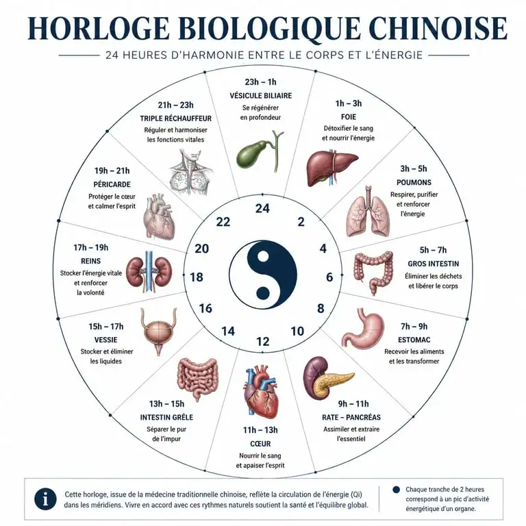 Infographie de l'horloge biologique chinoise expliquant la signification spirituelle et physiologique du réveil à 5h du matin