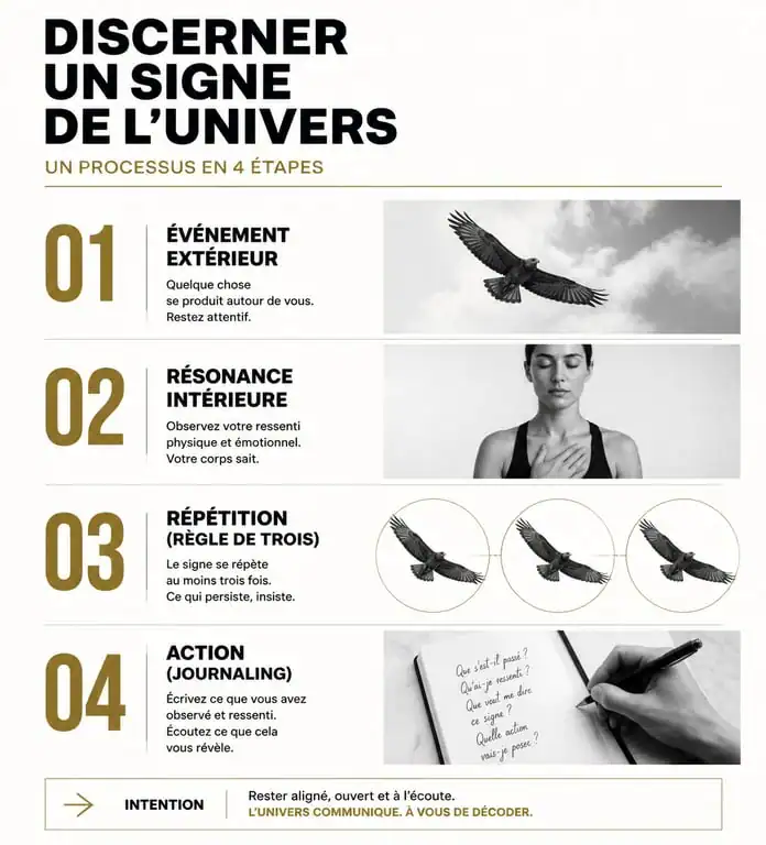 Infographie expliquant comment interpréter un signe de l'univers par la résonance et la répétition