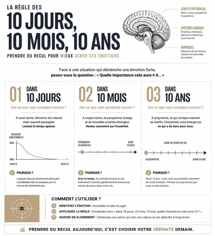 Infographie sur la règle des 10 jours, 10 mois, 10 ans pour ne plus prendre les choses à cœur