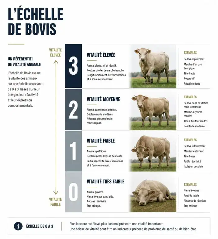Infographie de l'échelle de Bovis illustrant les différents niveaux de taux vibratoire et leur impact sur la santé.