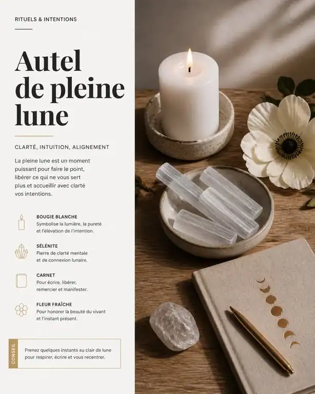 Autel pour rituel de pleine lune avec cristaux et bougie