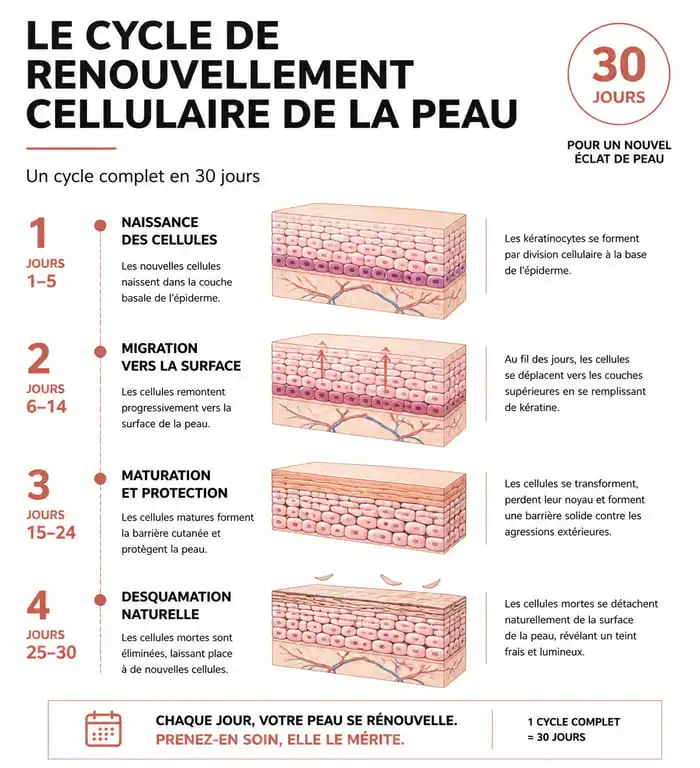Infographie du cycle de renouvellement cellulaire de la peau pour une routine de soin au naturel