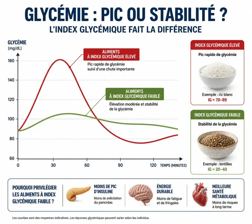 Graphique comparatif montrant l'impact des aliments à index glycémique bas sur la glycémie