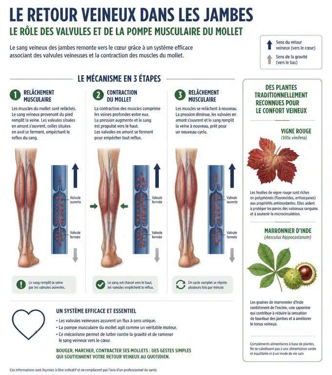 Infographie sur le mécanisme du retour veineux et les remèdes naturels pour améliorer la circulation du sang et soulager les jambes lourdes.