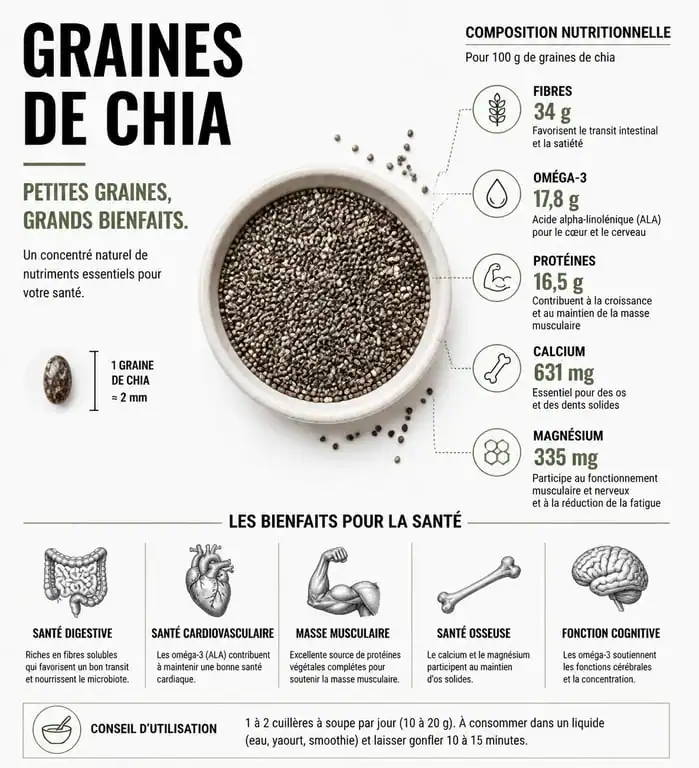 Infographie des bienfaits nutritionnels et santé des graines de chia