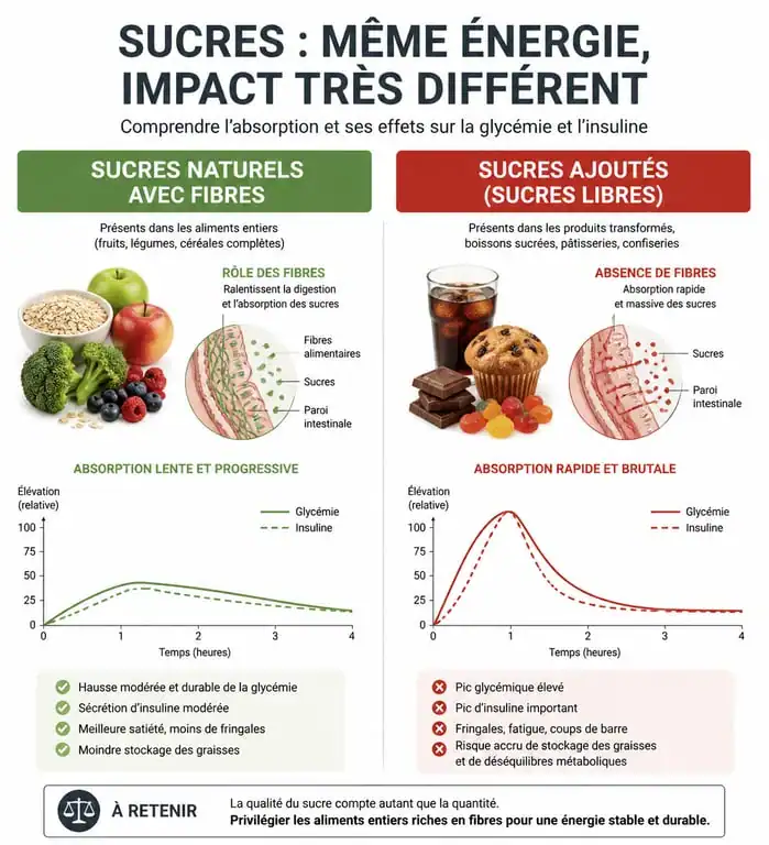 Infographie sur les effets du sucre sur la glycémie et l'insuline pour supprimer le sucre de son alimentation