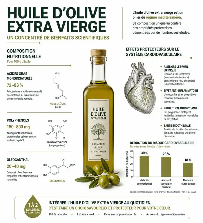 Infographie sur les bienfaits de l'huile d'olive pour la santé et le système cardiovasculaire