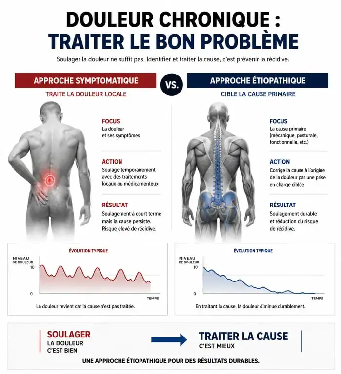 Schéma explicatif de la démarche causale en étiopathie comparée à une approche symptomatique classique