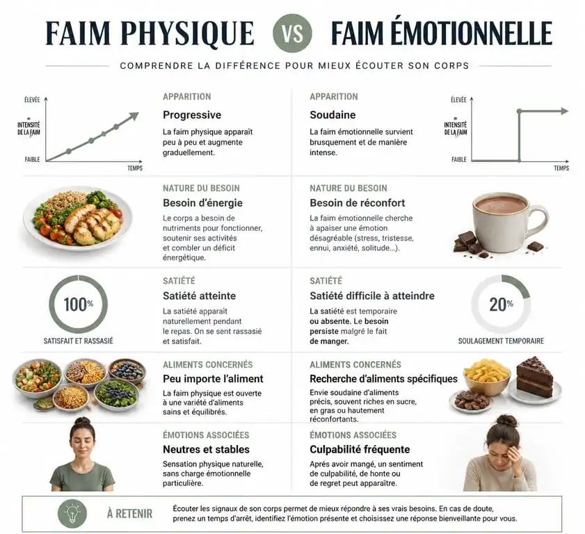 Infographie comparant la faim physique et la faim émotionnelle pour mieux comprendre comment arrêter de manger par compulsion