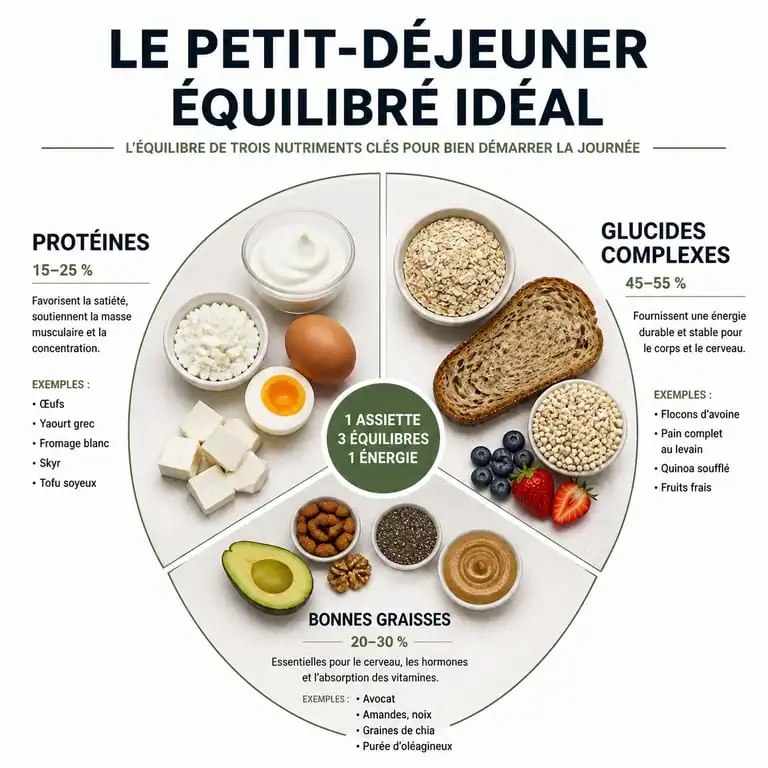 Infographie sur la composition idéale d'un petit-déjeuner équilibré pour savoir que manger le matin