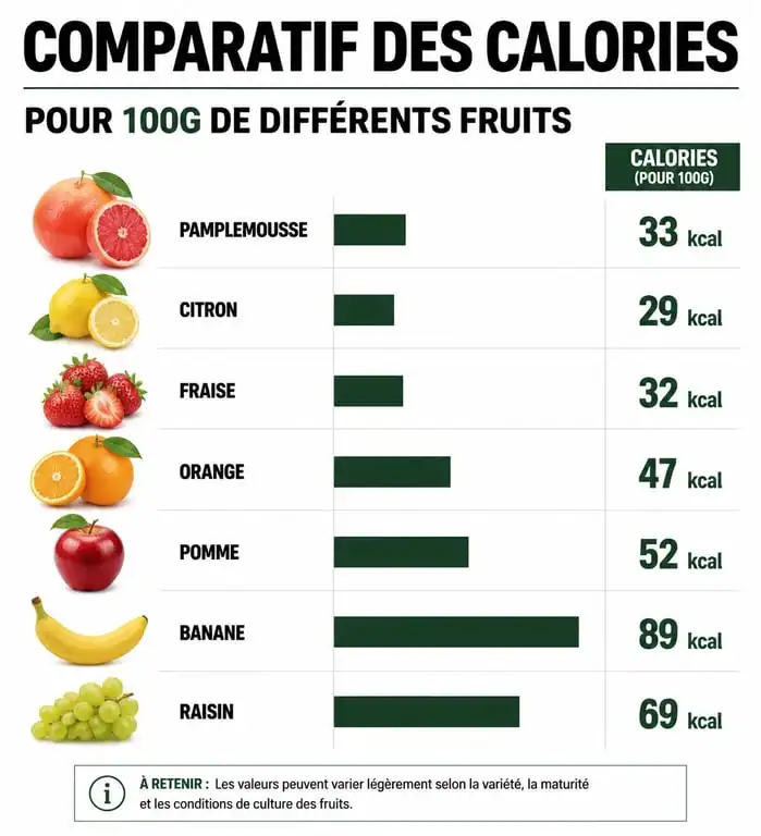 Infographie comparative des calories des fruits : pamplemousse, citron, fraise, orange, pomme, banane, raisin