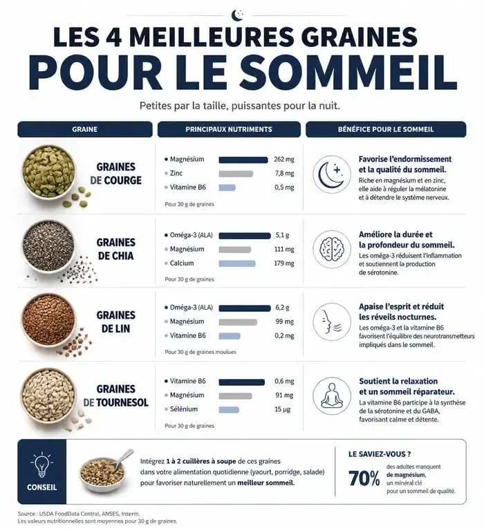 Infographie des bienfaits des graines pour le sommeil : courge, chia, lin et tournesol pour améliorer la qualité de vos nuits.