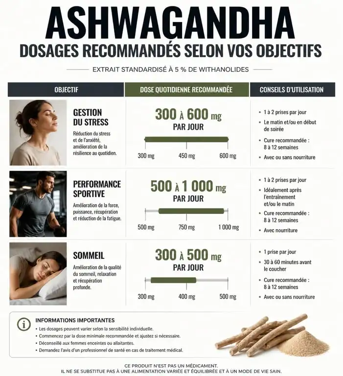 Infographie des dosages recommandés d'ashwagandha par jour selon les objectifs de santé