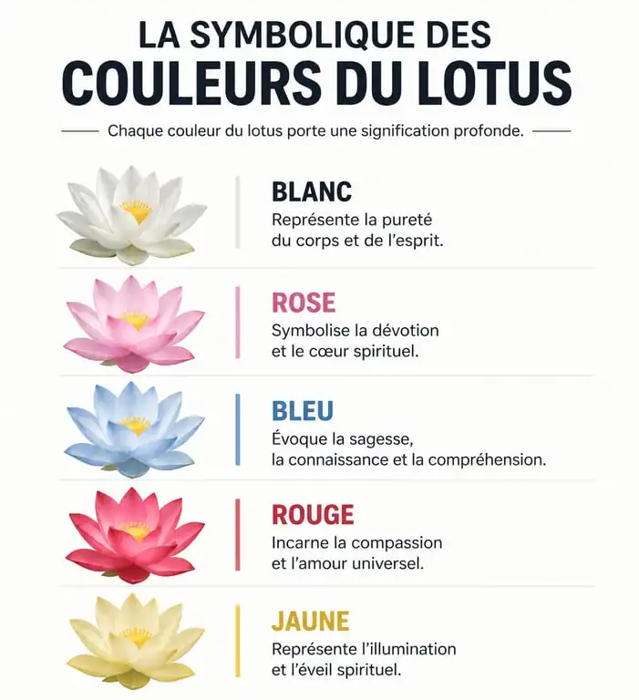 Infographie illustrant la signification des couleurs de la fleur de lotus
