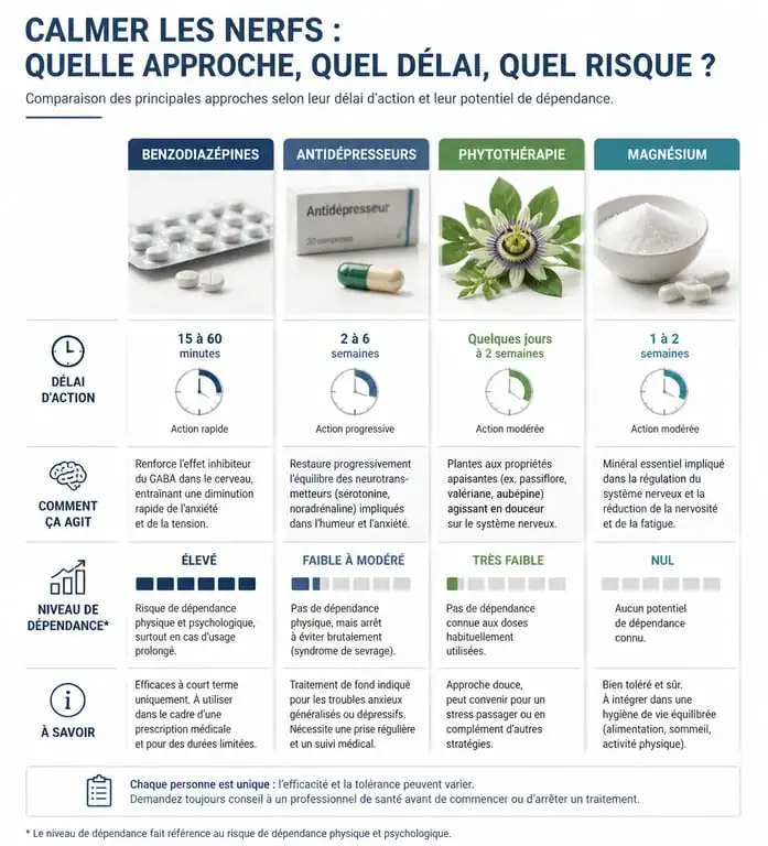 Infographie comparative des médicaments et solutions naturelles pour calmer les nerfs
