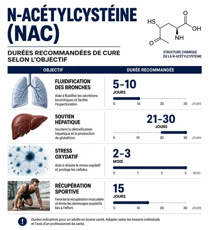 Infographie des durées de cure de NAC selon les objectifs de santé