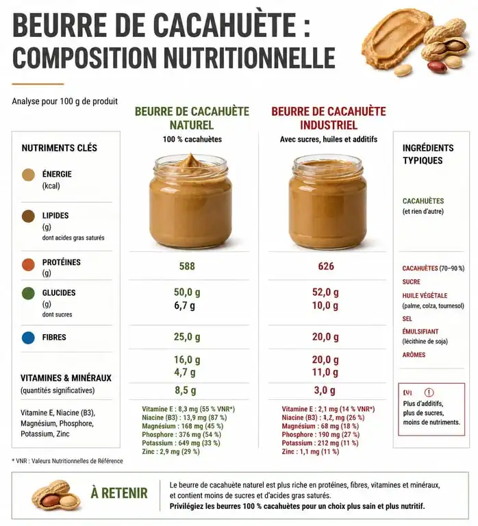 Infographie sur les bienfaits nutritionnels du beurre de cacahuète naturel par rapport aux produits industriels