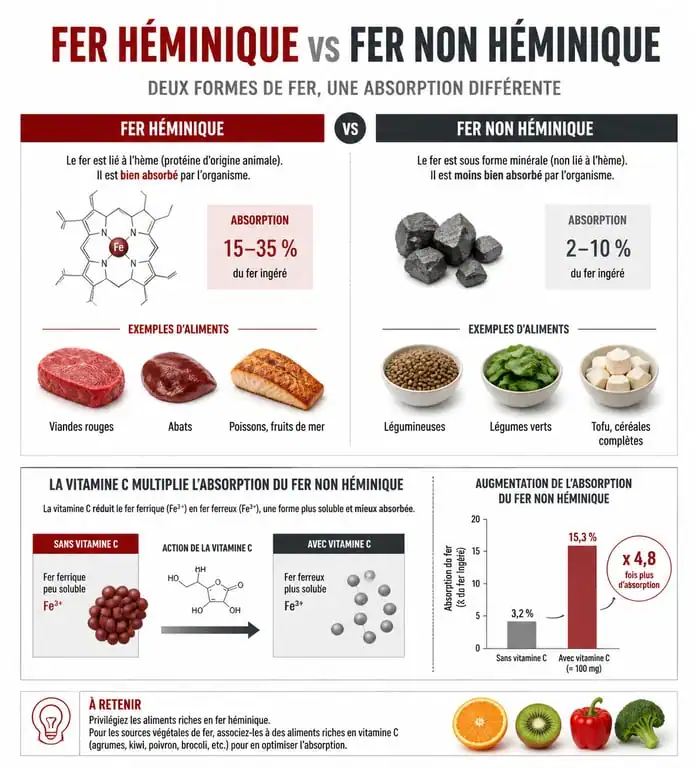 Infographie sur les sources de fer et l'optimisation de son absorption pour lutter contre le manque de fer