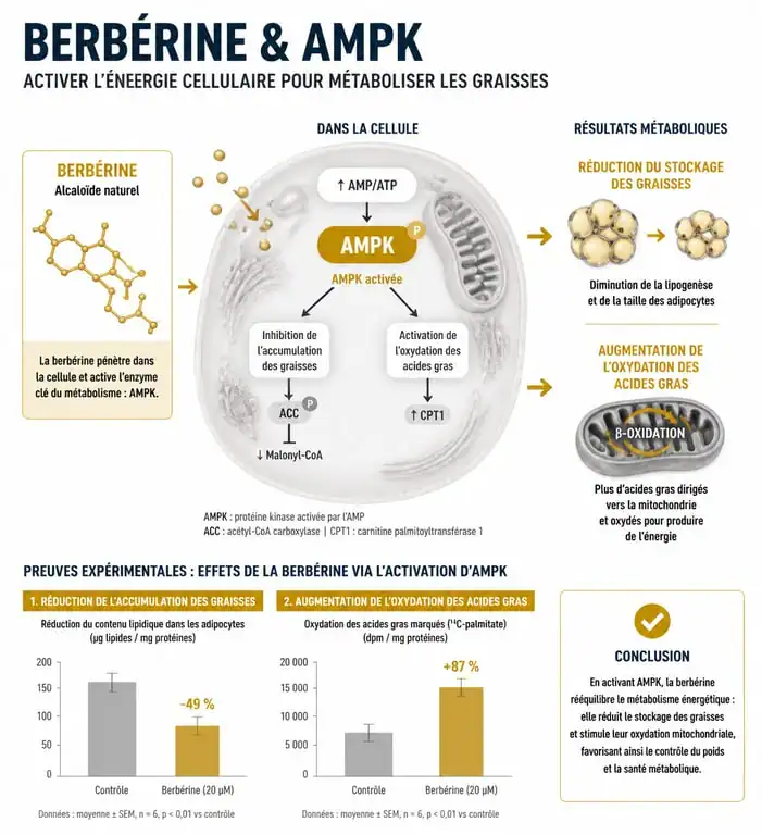 Schéma du mécanisme d'action de la berbérine sur l'AMPK pour la perte de poids