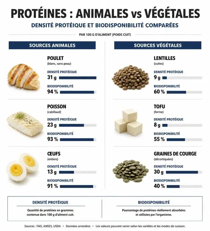 Infographie comparative des sources de protéines animales et végétales et leurs apports nutritionnels