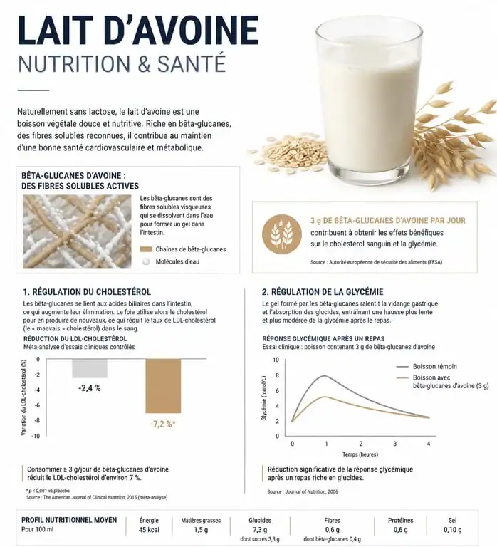 Infographie sur les bienfaits santé du lait d'avoine et rôle des bêta-glucanes