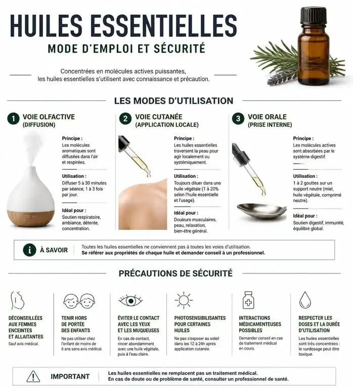 Infographie sur les modes d'utilisation et précautions pour quelle huile essentielle choisir