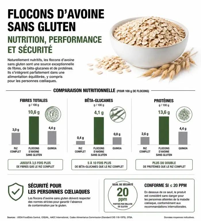 Infographie des bienfaits nutritionnels et sécurité des flocons d'avoine sans gluten