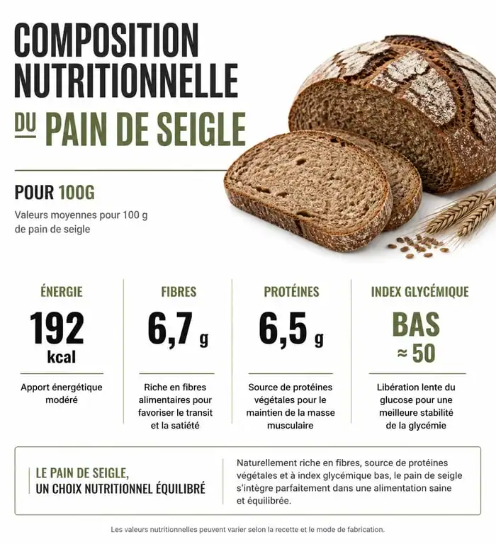 Infographie nutritionnelle : calories, fibres et index glycémique du pain de seigle pour 100g