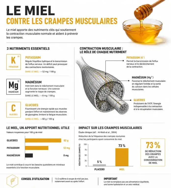 Infographie sur les bienfaits du miel contre les crampes musculaires et le rôle des minéraux.