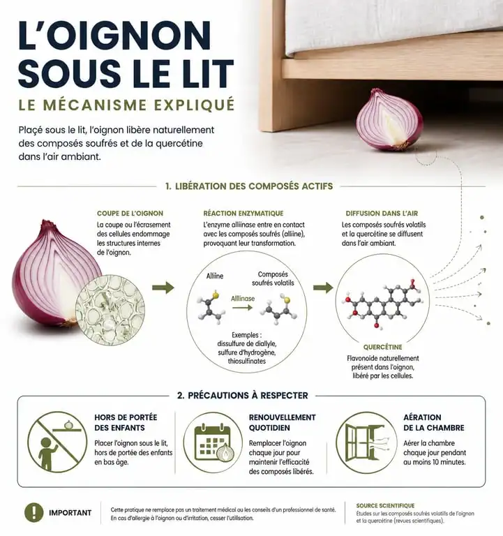 Infographie explicative sur l'utilisation de l'oignon sous le lit pour le confort respiratoire