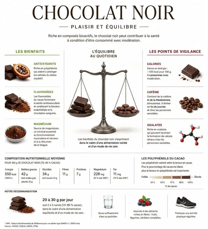 Infographie sur les bienfaits et méfaits du chocolat noir pour la santé