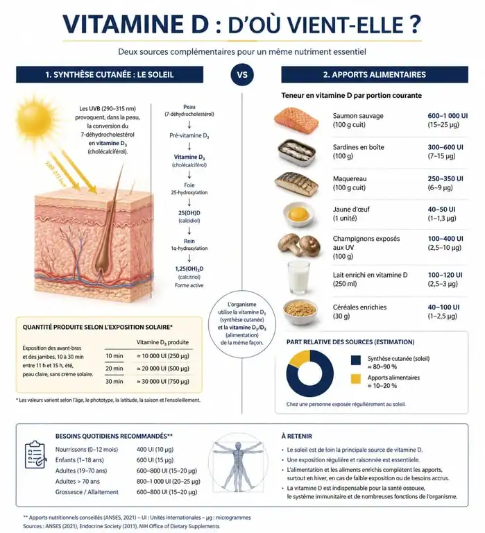 Infographie explicative des sources de vitamine D et synthèse cutanée