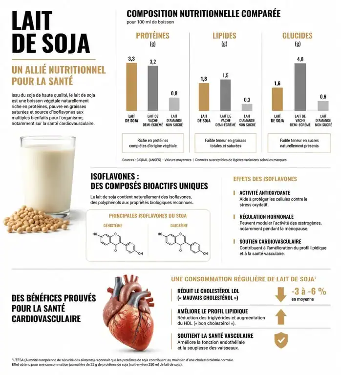 Infographie sur les bienfaits du lait de soja et sa composition nutritionnelle