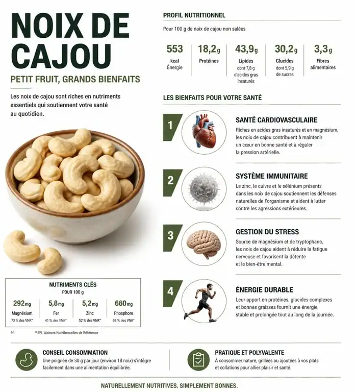 Infographie illustrant les principaux bienfaits des noix de cajou pour la santé : cœur, immunité et énergie.