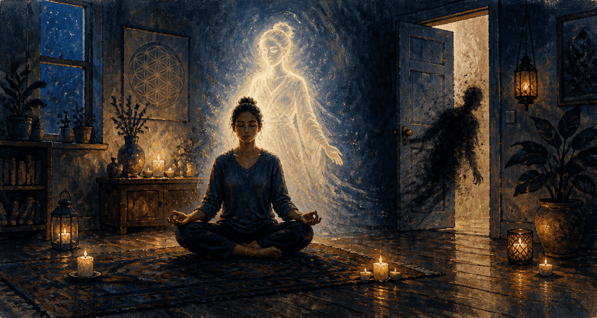 entité spirituelle méditation silhouette lumineuse ombre parasite