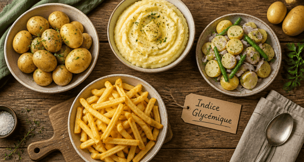 Plats variés montrant indice glycemique de pomme de terre