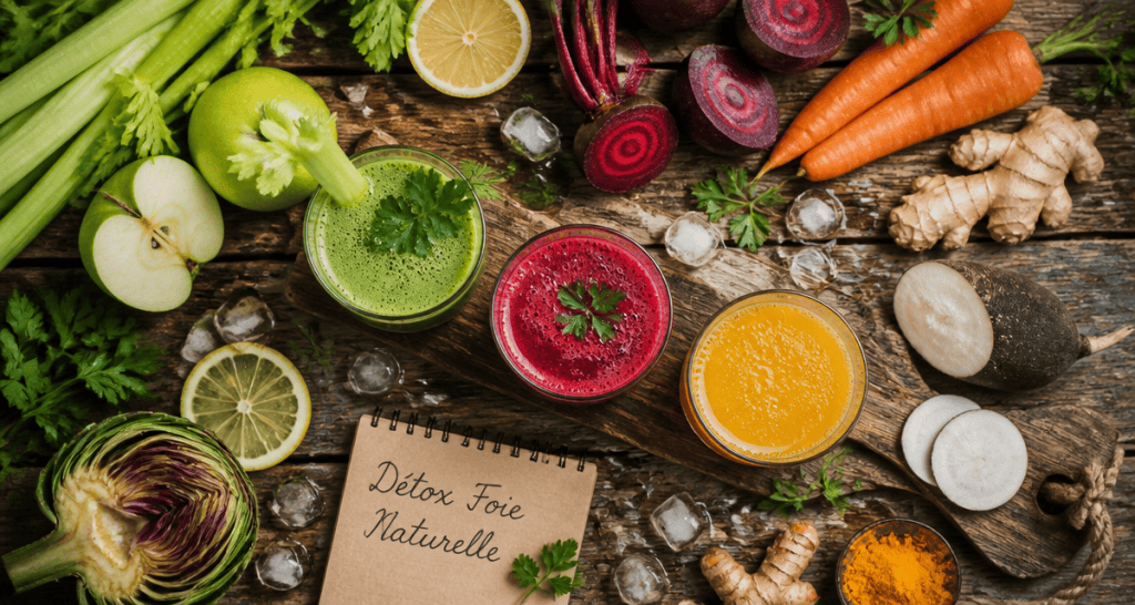 jus detox pour le foie planche bois trois verres